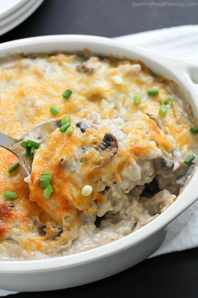 Easy Skinny Chicken and Rice Casserole using NO cream soups and made in about 30 minutes! Put this on your dinner menu - you will love this easy meal!