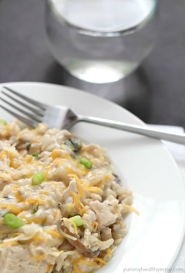 Easy Skinny Chicken and Rice Casserole using NO cream soups and made in about 30 minutes! Put this on your dinner menu - you will love this easy meal!