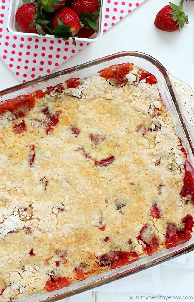 Strawberry Dump Cake has only a few ingredients and is easily layered aka "dumped" in a cake pan and baked. No stirring and no mixing bowl required!! Top with a scoop of ice cream, and you have yourself just about the best dessert ever invented. :)