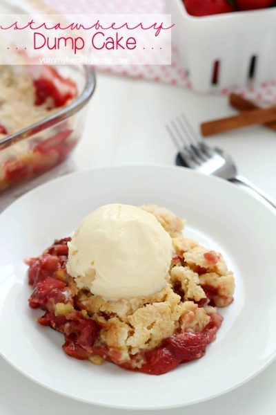 Strawberry Dump Cake has only a few ingredients and is easily layered aka "dumped" in a cake pan and baked. No stirring and no mixing bowl required!! Top with a scoop of ice cream, and you have yourself just about the best dessert ever invented. :)