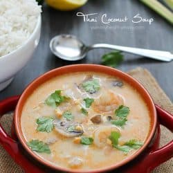 Make your favorite Thai take-out at home with this Thai Coconut Soup. A crazy delicious coconut broth with shrimp, mushrooms and rice - it's comfort food at its finest!
