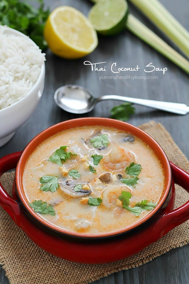 Make your favorite Thai take-out at home with this Thai Coconut Soup. A crazy delicious coconut broth with shrimp, mushrooms and rice - it's comfort food at its finest! {Mystery Basket Challenge}
