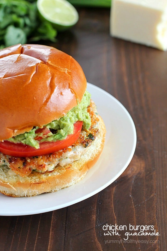 The juiciest, most delicious, guacamole chicken burgers! Super simple to make - serve on buns with a layer of guacamole on the top.  Amazing!