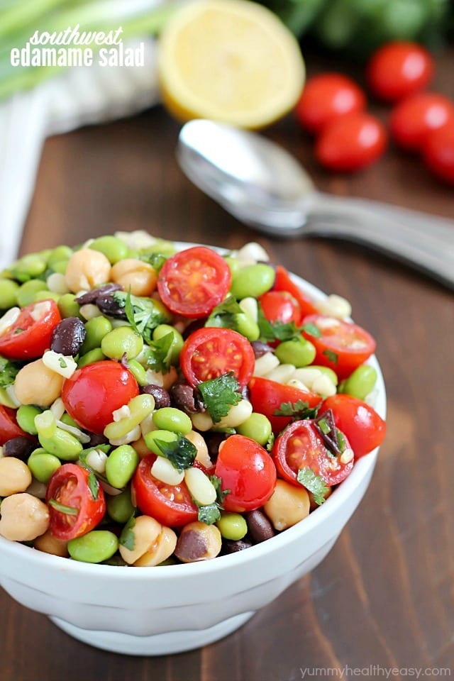 Welcome spring by making edamame salad! It's a healthy and delicious salad with a southwestern flair, full of beans, corn, tomatoes, cilantro and of course edamame, all tossed in a delicious light dressing.