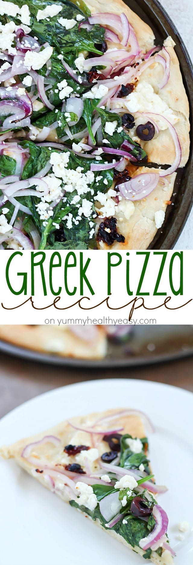 Easy Greek Pizza Recipe with a mayo & garlic spread and topped with feta, red onion, spinach, sun dried tomatoes and kalamata olives. Crazy delicious! 