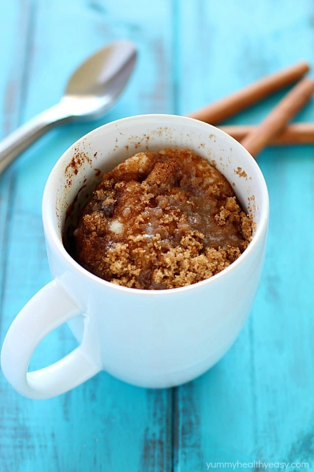 This Coffee Cake in a Mug is so easy to make and takes only a minute in the microwave. Quickest breakfast ever, and conveniently in a mug!