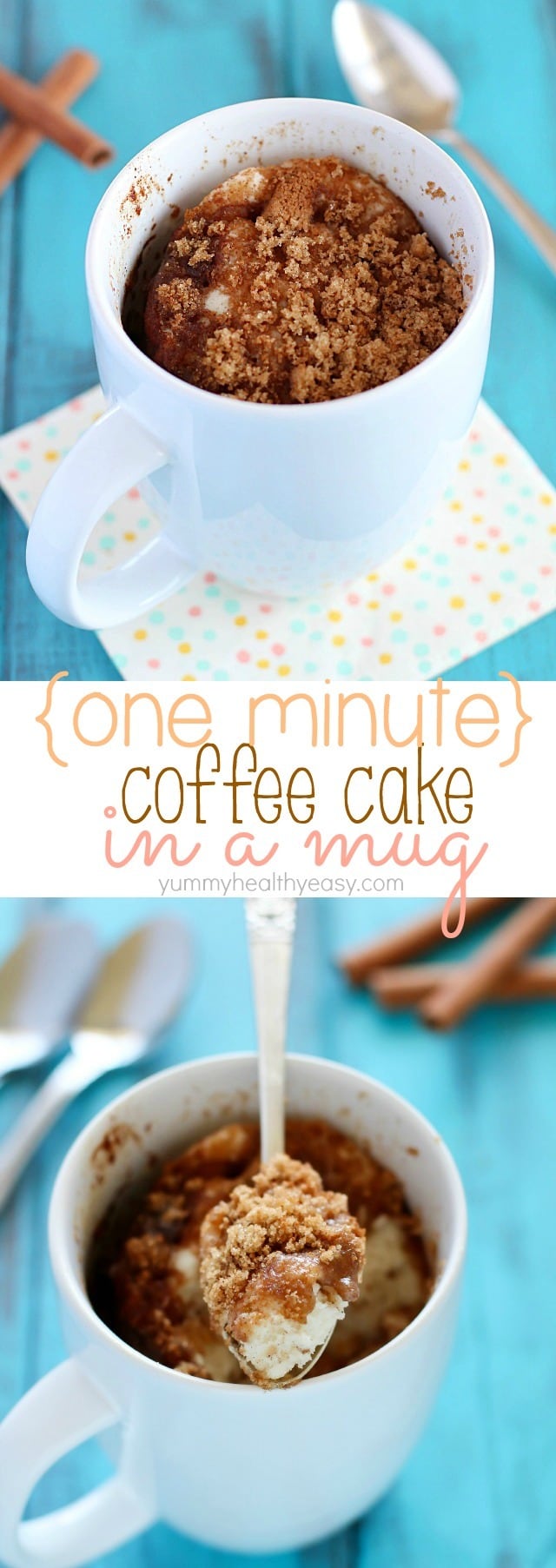 This Coffee Cake in a Mug is so easy to make and takes only a minute in the microwave. Quickest breakfast ever, and conveniently in a mug! #coffeecake #easybreakfast #recipeinamug #cake #easy #dessertforbreakfast #myfavoriterecipe #makethisdaily via @jennikolaus