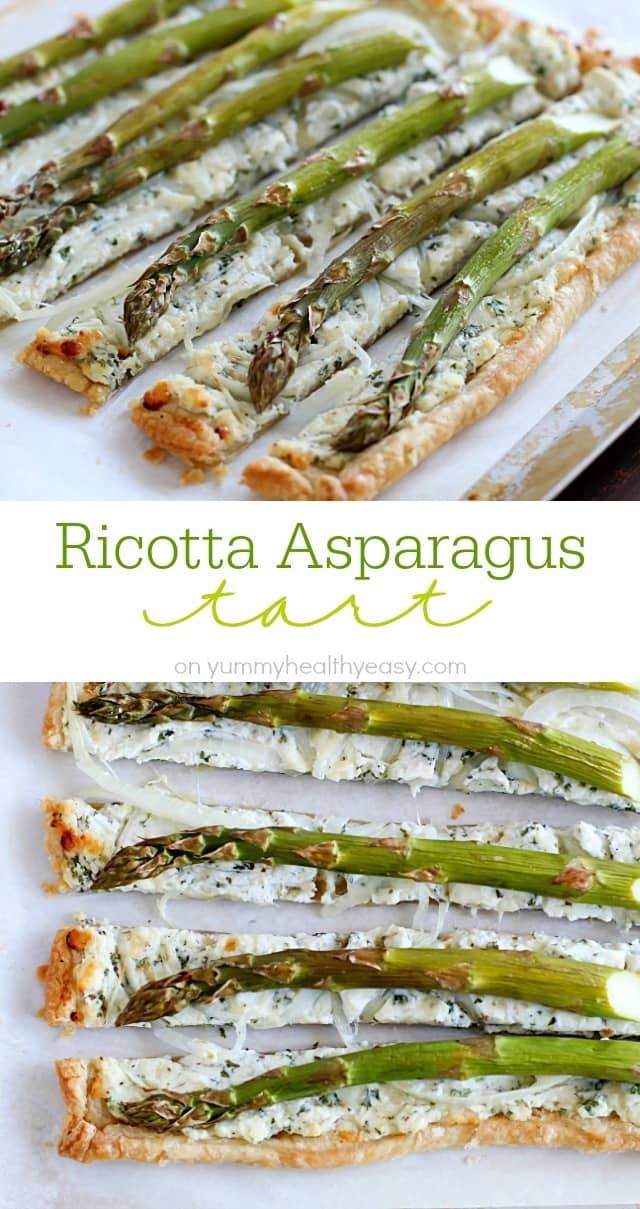 Ricotta Asparagus Tart - a crust of puff pastry, a filling of herbed ricotta, parmesan and romano cheeses, a layer of thinly sliced onions and topped with asparagus. Perfect for spring!!