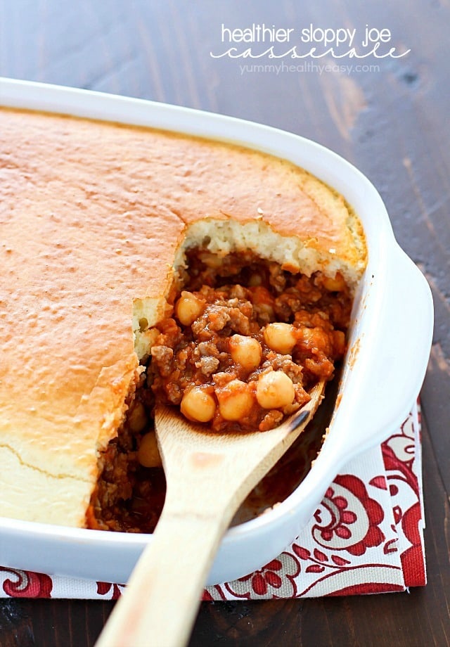 This Sloppy Joe Casserole is a healthy recipe filled with pureed vegetables, (your kids won't even know they're there!) lean ground turkey and chickpeas topped with a yummy biscuit topping. Healthy & delicious!