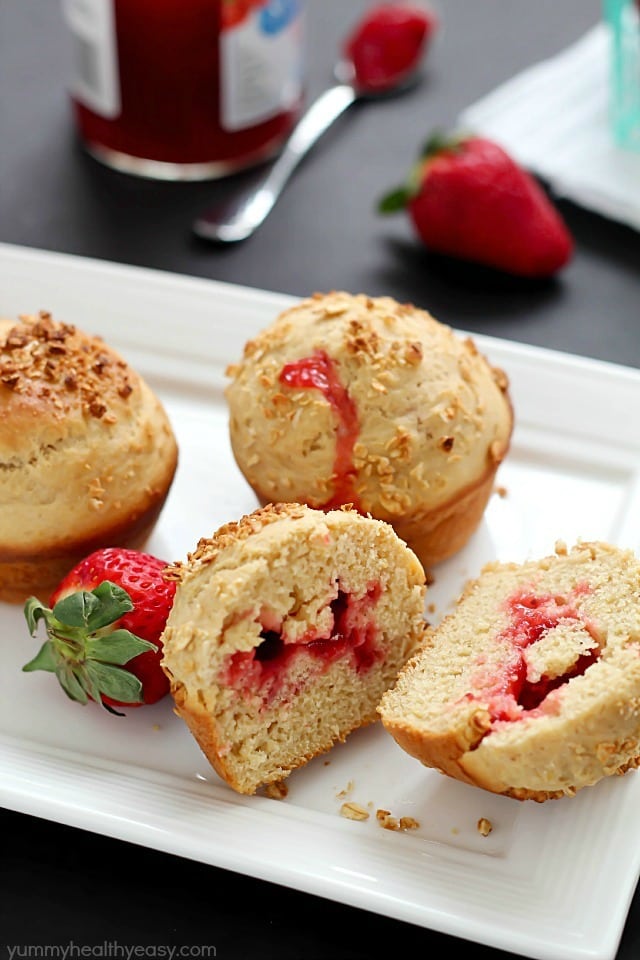 Simply delicious Strawberry Jam (filled) Breakfast Muffins. Make extras and freeze, then heat in the microwave for a few seconds for a quick breakfast!