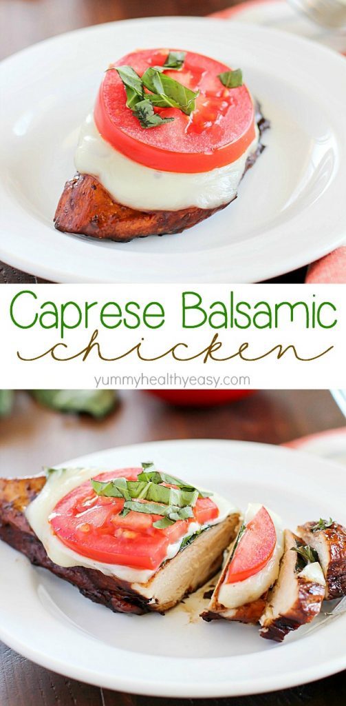 Easy Balsamic Chicken recipe with a caprese twist! Chicken breasts are cooked until tender in a flavorful balsamic sauce then topped with mozzarella, basil & tomato. Low carb and gluten free