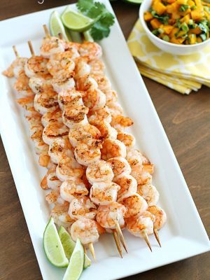 Healthy Grilled Shrimp Skewers with Mango Salsa - an easy and flavorful main dish that's the perfect summertime meal!