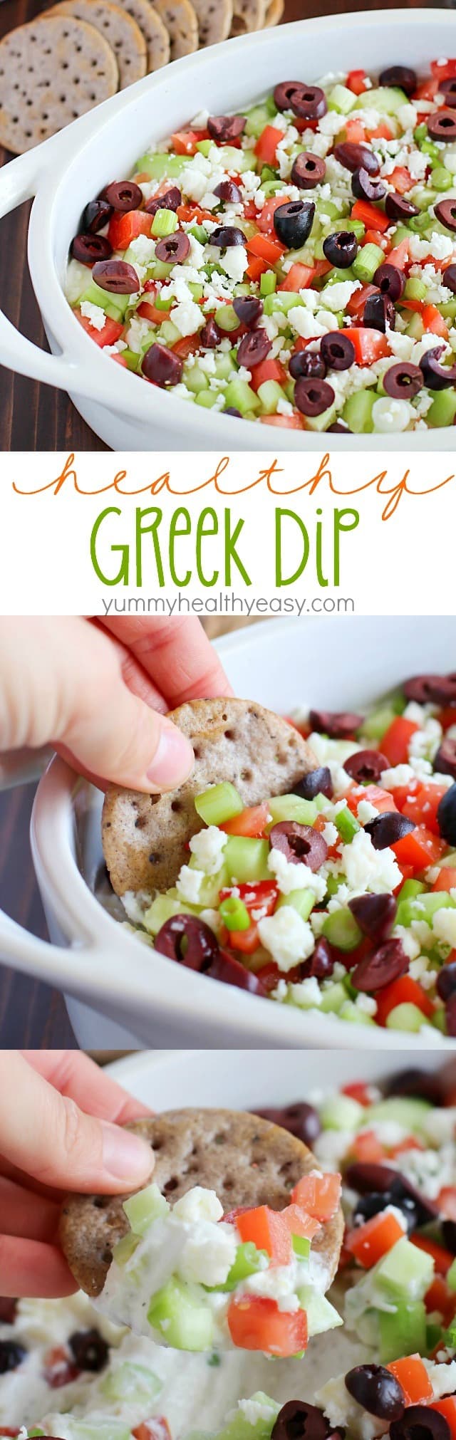 Deliciously healthy greek dip, made with a protein-rich cottage cheese base (with ranch seasonings!) then topped with cucumbers, green onions, tomatoes, kalamata olives, and feta cheese. Healthy and full of flavor! #breton #ad 