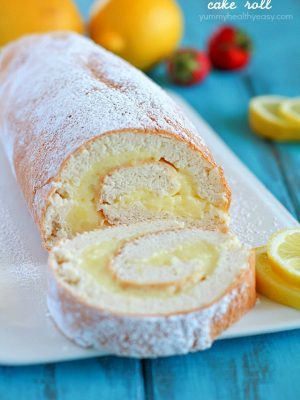 A light angel cake roll filled with a creamy lemon filling. It makes an impressive (lighter) dessert and uses NO butter or oil!