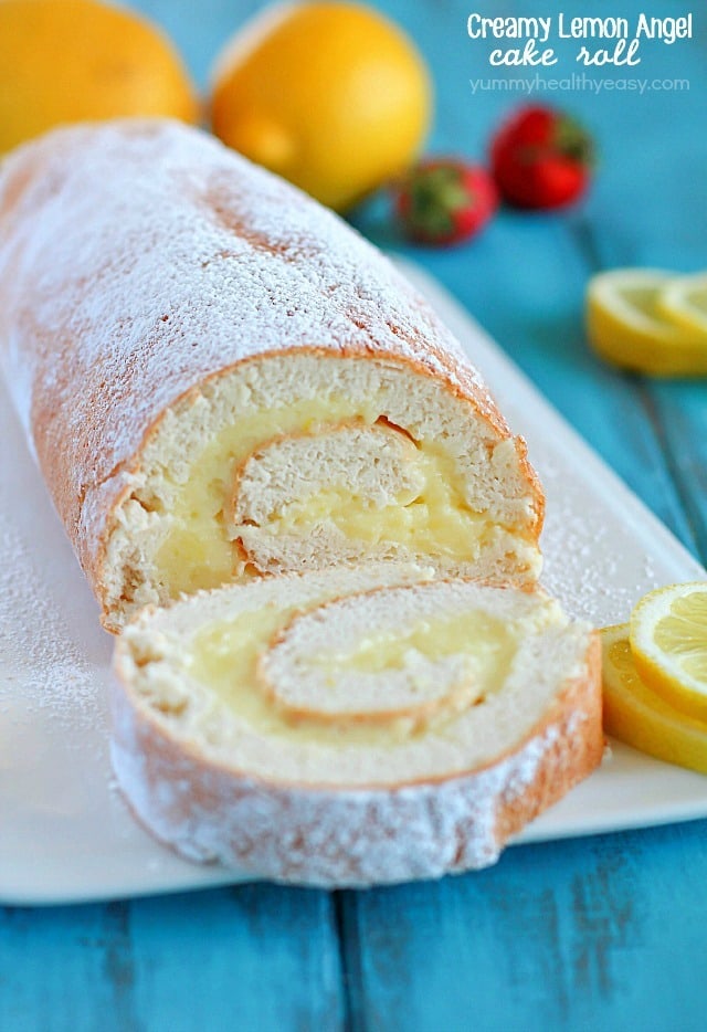 A light angel cake roll filled with a creamy lemon filling. It makes an impressive (lighter) dessert and uses NO butter or oil! 
