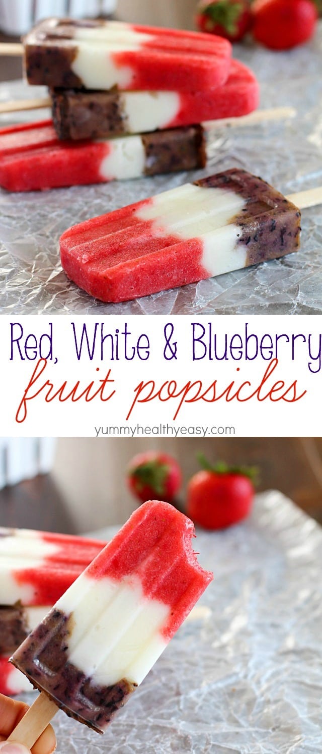 Red, White & Blueberry Healthy Fruit Popsicles - a healthy and easy treat the entire family will gobble up! Perfect to make for Memorial Day or 4th of July... or really anytime. :)
