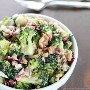 Need an easy side dish? Make this Creamy Broccoli Salad! It's full of fresh broccoli, red onion, dried cranberries, sunflower seeds and bacon mixed in a creamy, delicious dressing. Always a hit!