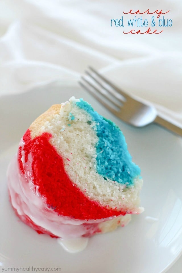 A fun, easy red white & blue cake that you can whip together for a last minute, delicious 4th of July dessert!