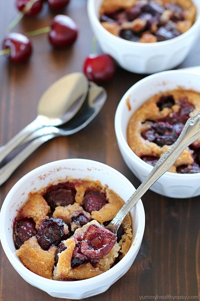 This Mini Cherry Cobbler Recipe makes four individual sized cherry cobblers. It is so simple! You don't even have to stir it at all before baking! It's just three layers of goodness poured right on top of each other and then baked. One less spoon to wash! It's easy to make and is an impressive dessert, especially for summer! #ad #truvia