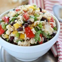 This Healthy Southwestern Orzo Salad recipe is full of veggies, black beans, orzo, & feta cheese all smothered in a delicious dressing! #ad