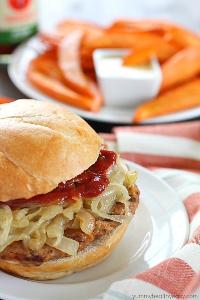 Get ready for the most flavorful spicy turkey burgers with a slathering of caramelized onions on top! Serve with a side of oven baked sweet potato fries (wedges) dipped in a spicy mayo sauce - absolutely divine! #ad