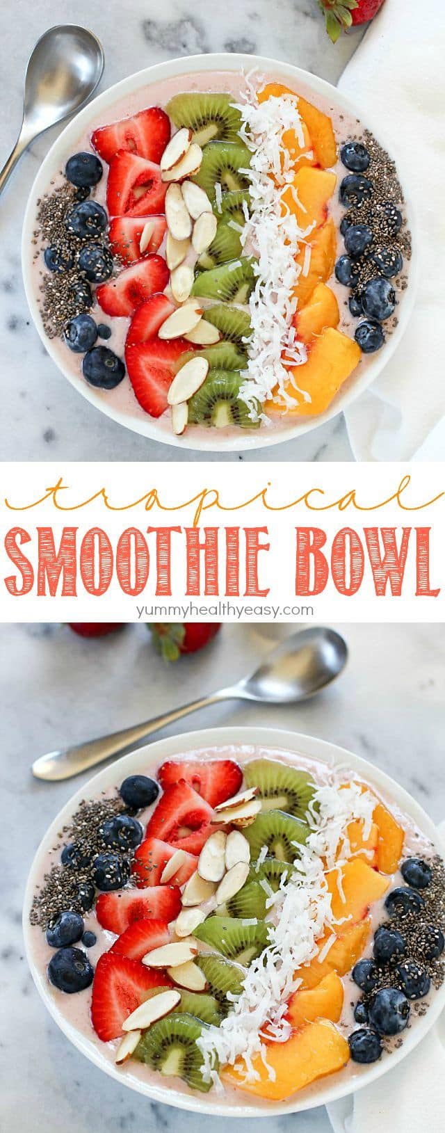 This Tropical Smoothie Bowl Recipe is the perfect breakfast or snack! It's dairy-free, gluten-free, full of protein and fresh fruit and totally delicious. Satisfying and easy to make, too! #SilkCashew #ad