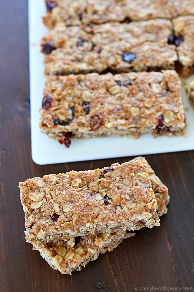 These Homemade Healthy Granola Bars are full of good stuff – oats, wheat germ, flax seed, dried cranberries, and applesauce to name a few! They’re quick to make and are a great healthy snack to eat throughout the week.  A family favorite!