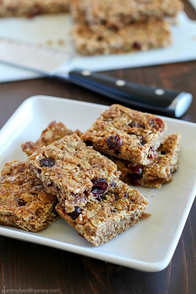 These Homemade Healthy Granola Bars are full of good stuff – oats, wheat germ, flax seed, dried cranberries, and applesauce to name a few! They’re quick to make and are a great healthy snack to eat throughout the week.  A family favorite!