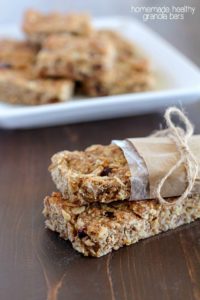 These Homemade Healthy Granola Bars are full of good stuff – oats, wheat germ, flax seed, dried cranberries, and applesauce to name a few! They’re quick to make and are a great healthy snack to eat throughout the week. A family favorite!