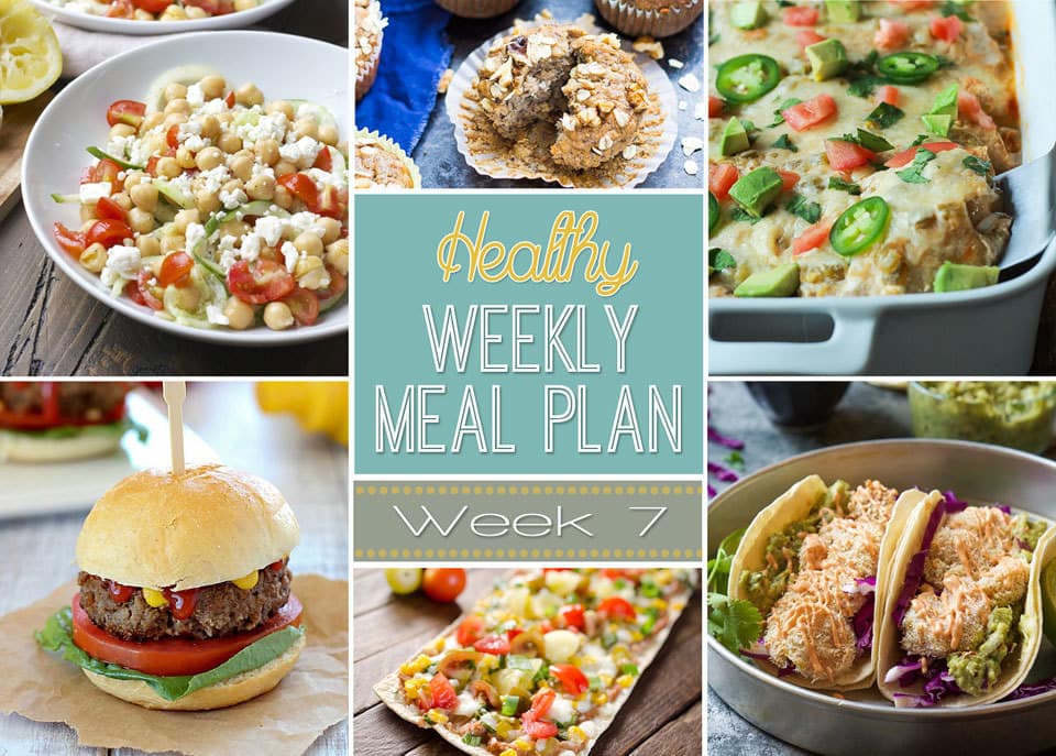 A delicious mix of healthy entrees, snacks and sides make up this Healthy Weekly Meal Plan for an easy week of nutritious meals your family will love! #MealPlan #Healthy #Menu