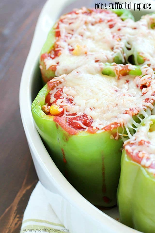 I have great memories of my mom making stuffed bell peppers for my family when I was a kid. This is a slight twist on her classic stuffed bell pepper recipe that I grew up eating and loving!