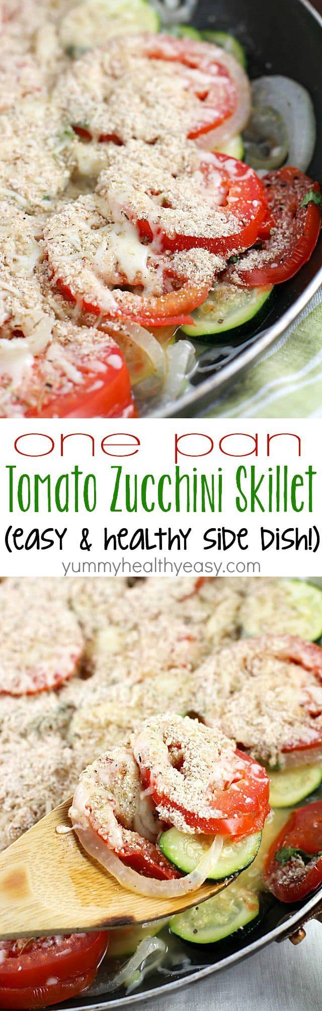 No better way to use up that summer zucchini than in a healthy and easy side dish! This Tomato Zucchini Skillet is made in one pan and kicks the pants off those frozen veggie side dishes!
