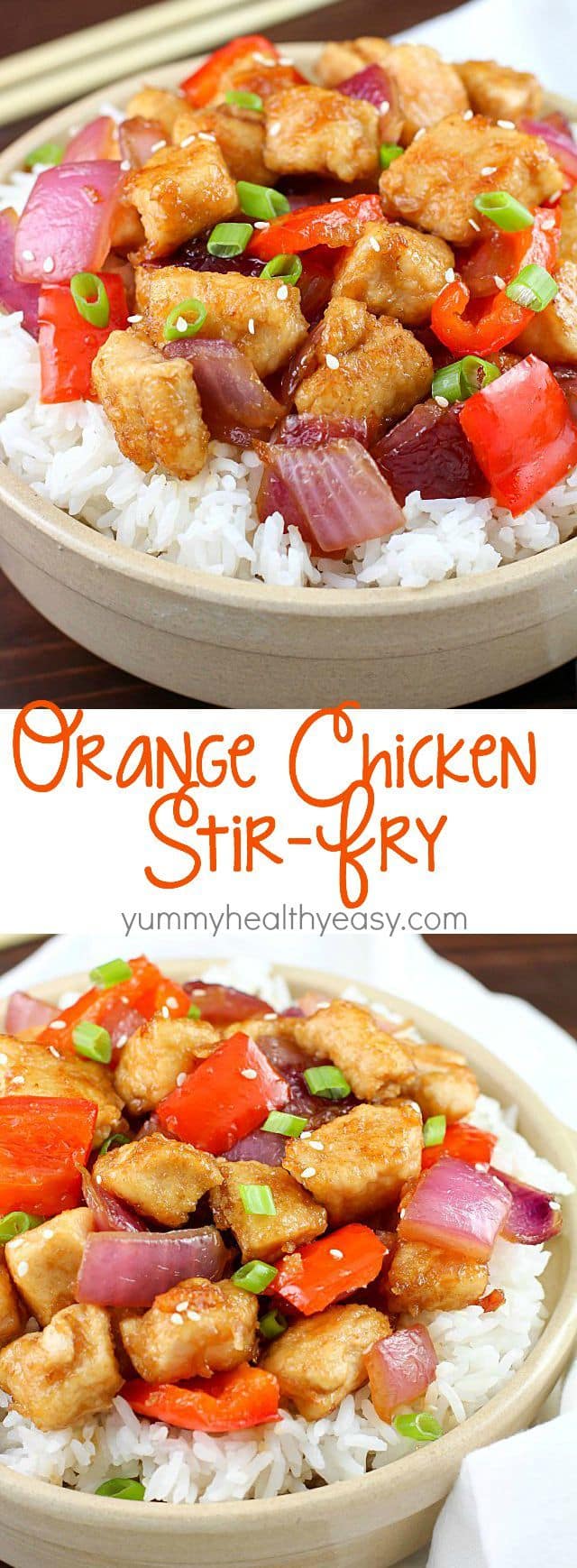 The most incredible Orange Chicken Stir Fry with pan seared chicken, red bell peppers, onion and a delicious sweet and savory sauce served over rice. So easy and so flavorful!