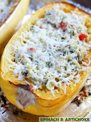 This recipe for Spinach & Artichoke Stuffed Spaghetti Squash is super easy and is a fabulous, flavorful, healthy meatless main or side dish. A healthy dish you can feel good about eating! #ad