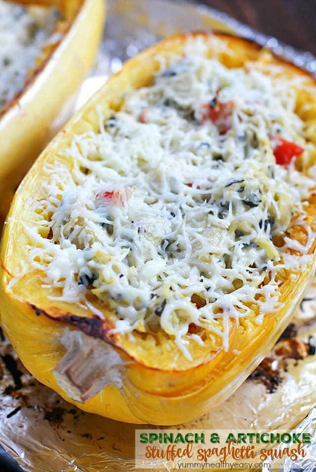 This recipe for Spinach & Artichoke Stuffed Spaghetti Squash is super easy and is a fabulous, flavorful, healthy meatless main or side dish. A healthy dish you can feel good about eating! #ad