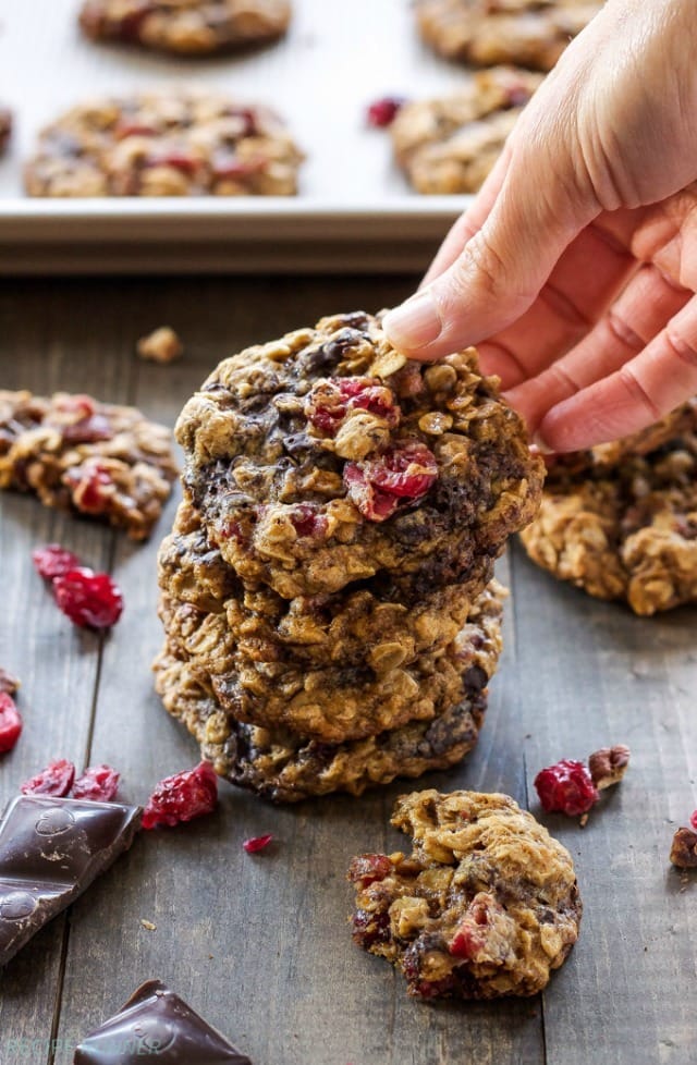 Crisp on the outside, soft and chewy on the inside! These Oatmeal, Dark Chocolate and Cranberry Cookies are perfection!