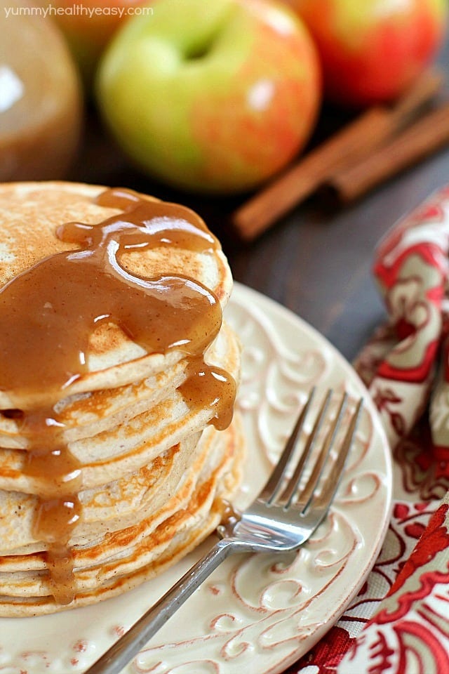 Start your morning with some Applesauce Pancakes with Cinnamon Syrup! These pancakes are healthy, light, fluffy and full of fall flavors. The cinnamon syrup is to-die-for! You won't regret making up a batch of these for breakfast - or lunch or dinner! ;) 