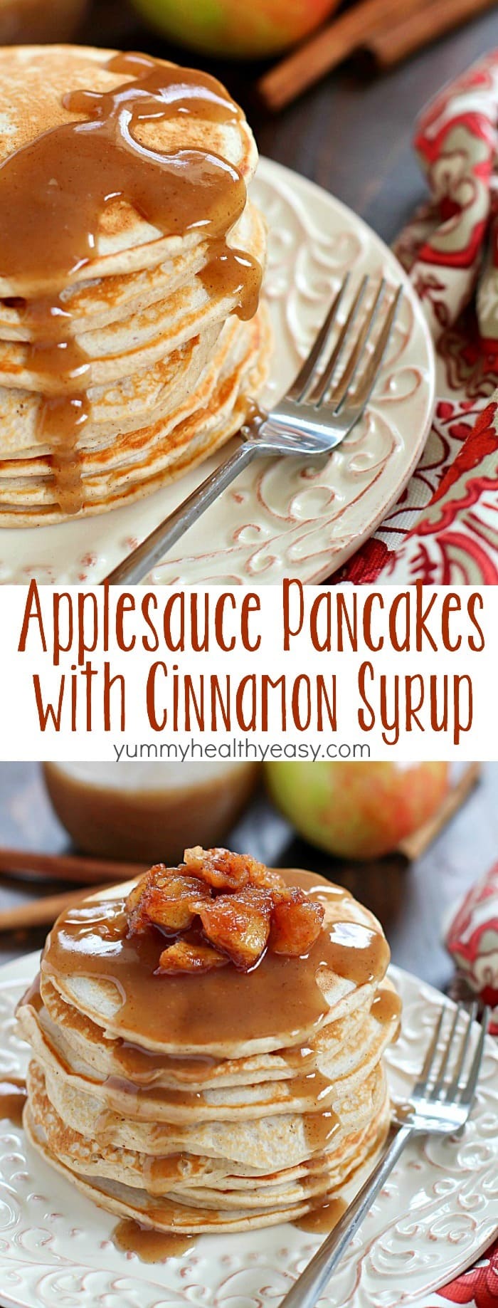 Start your morning with some Applesauce Pancakes with Cinnamon Syrup! These pancakes are healthy, light, fluffy and full of fall flavors. The cinnamon syrup is to-die-for! You won't regret making up a batch of these for breakfast - or lunch or dinner! ;)
