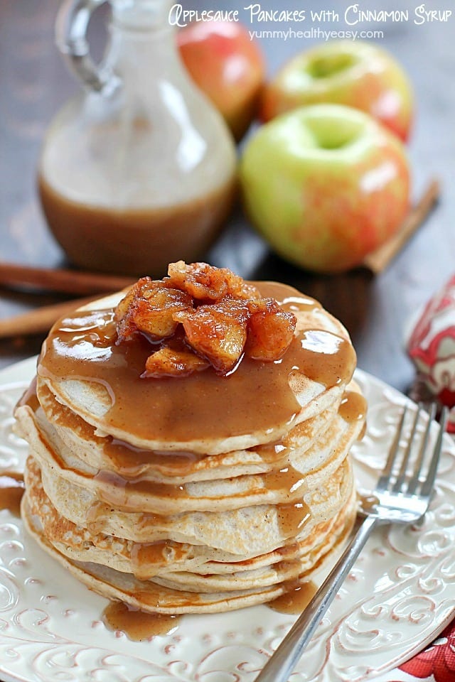 Applesauce pancakes with cinnamon syrup
