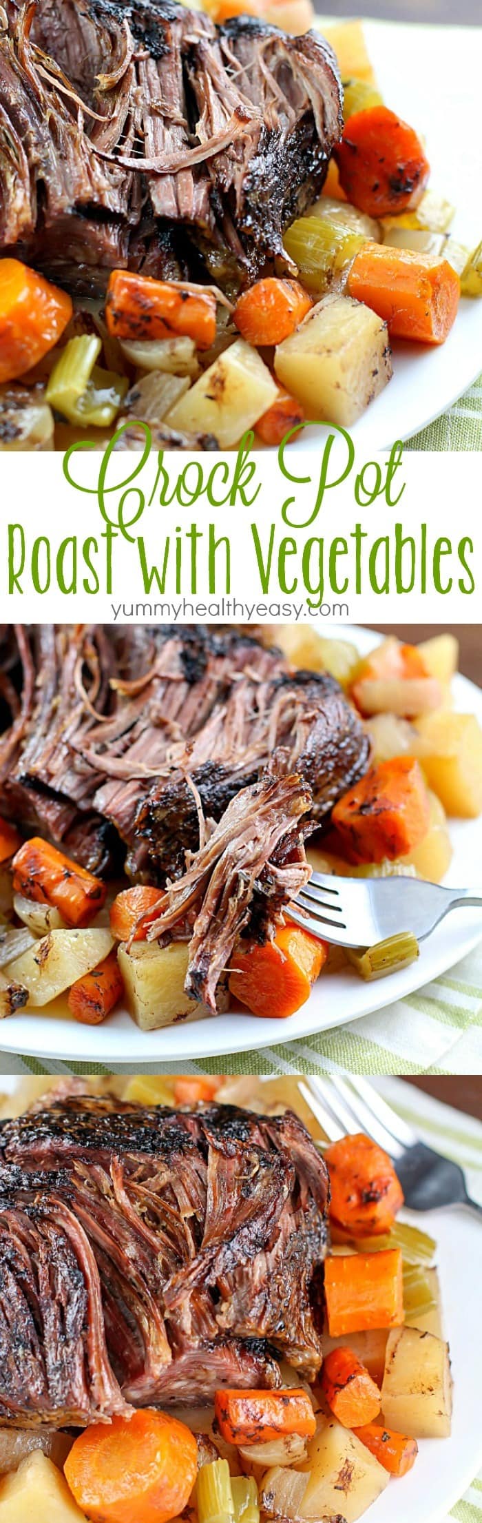 This Crock Pot Roast with Vegetables is a family favorite  meal! It's an entire dinner in one crock pot - with veggies, starch and meat all cooked together. The meat is SO tender and delicious! This is a must-make! via @jennikolaus