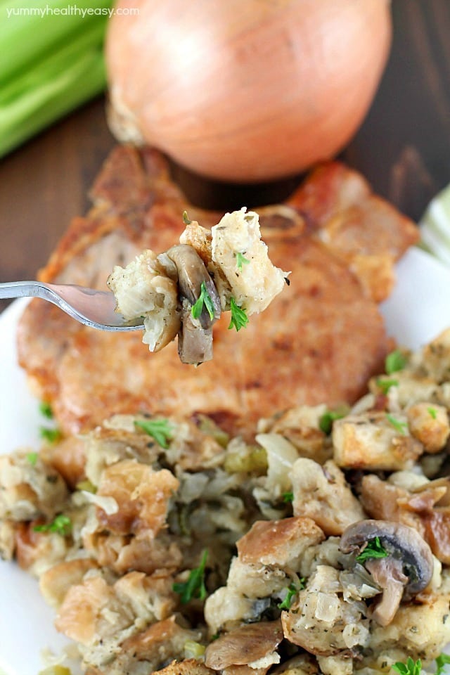 So many great spices & flavors going on in this Crock Pot Stuffing Recipe! It beats the pants off of those other blah stuffing recipes. Plus it's cooked in the slow cooker, so you can put it in hours before dinnertime and not even think about it until you eat! Perfect for Thanksgiving or any other day of the year!