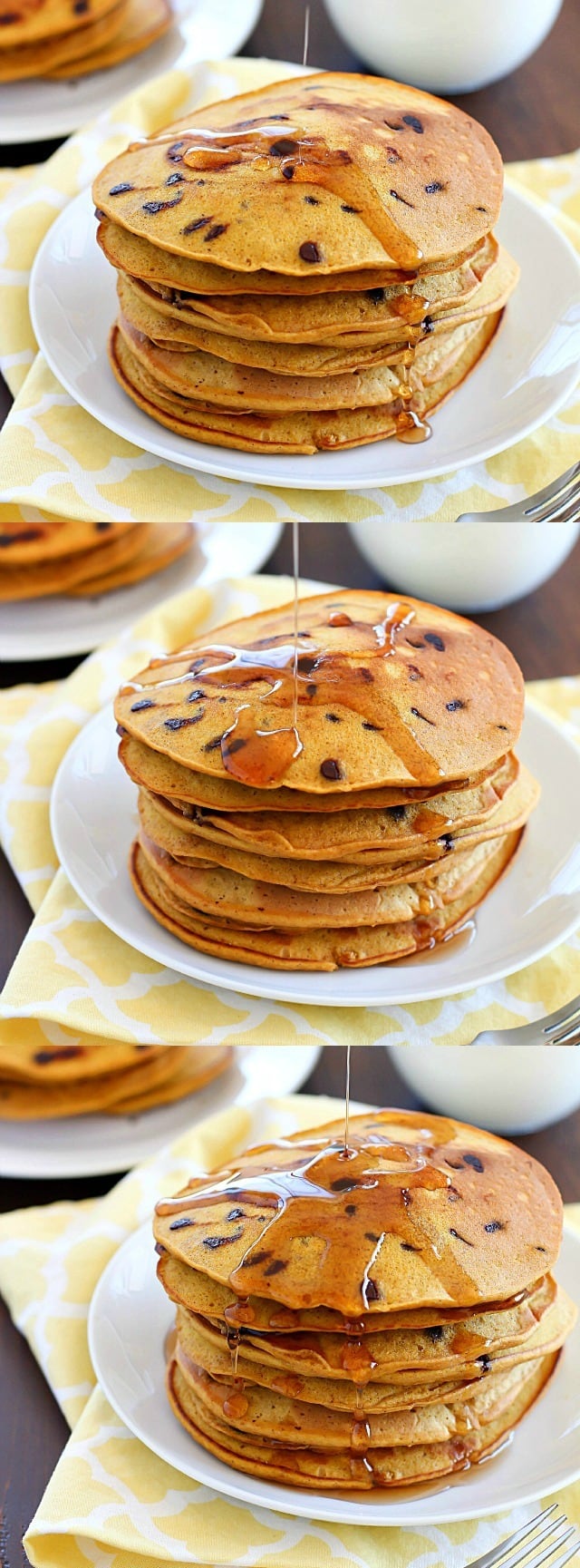 Flavorful pancakes full of pumpkin and chocolate chips that are also whole wheat and dairy-free! My family ate all of these and I had to make a second batch!