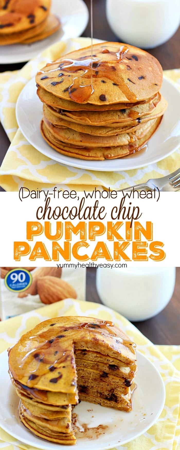 Flavorful pancakes full of pumpkin and chocolate chips that are also whole wheat and dairy-free! My family ate all of these and I had to make a second batch! AD