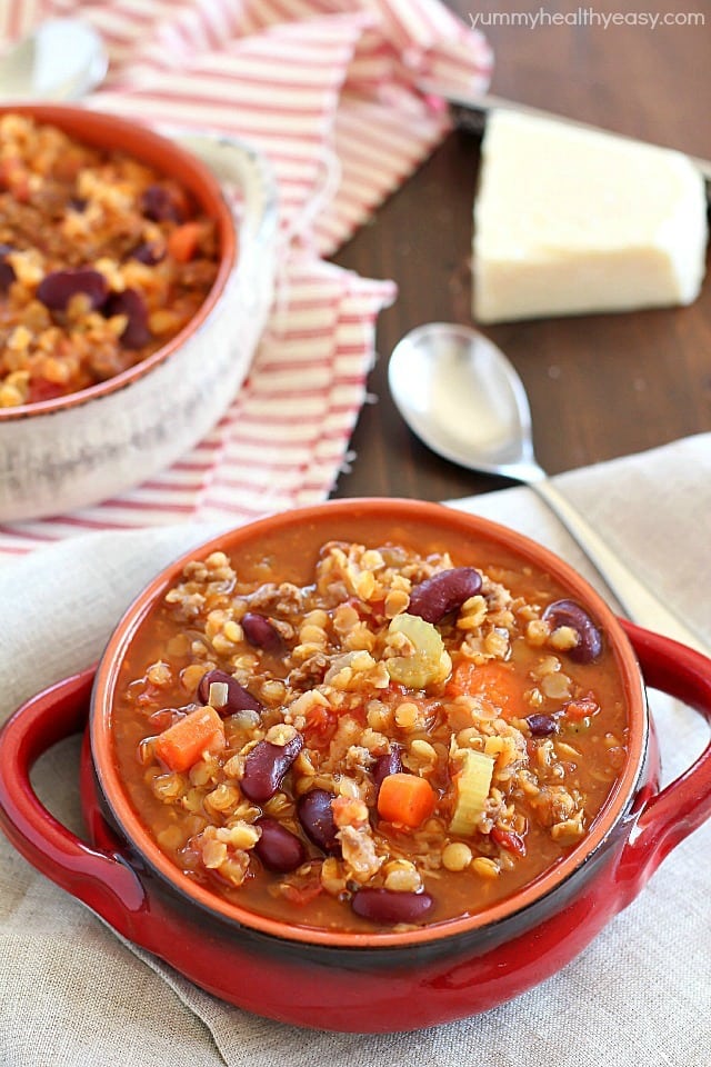 An incredible Sausage Lentil Chili full of veggies, beans, sausage, lentils and TONS of flavor!