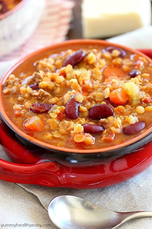 An incredible Sausage Lentil Chili full of veggies, beans, sausage, lentils and TONS of flavor!