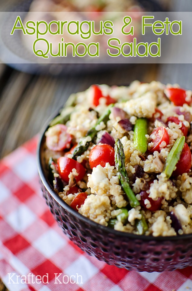 Asparagus and Feta Quinoa Salad has hearty quinoa tossed with crisp vegetables, feta and a honey Dijon vinaigrette for a flavorful and healthy side dish or perfectly light lunch!