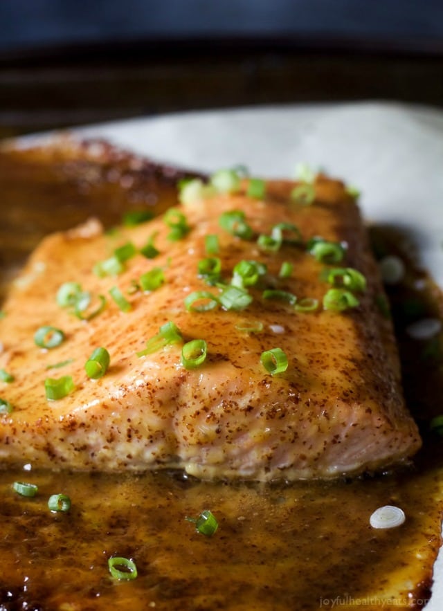 Dijon Maple Glazed Salmon is a quick, healthy dinner recipe full of tangy sweet flavor. Using only 3 ingredients with a whooping 218 calories per serving! A definite must have in your recipe archive!