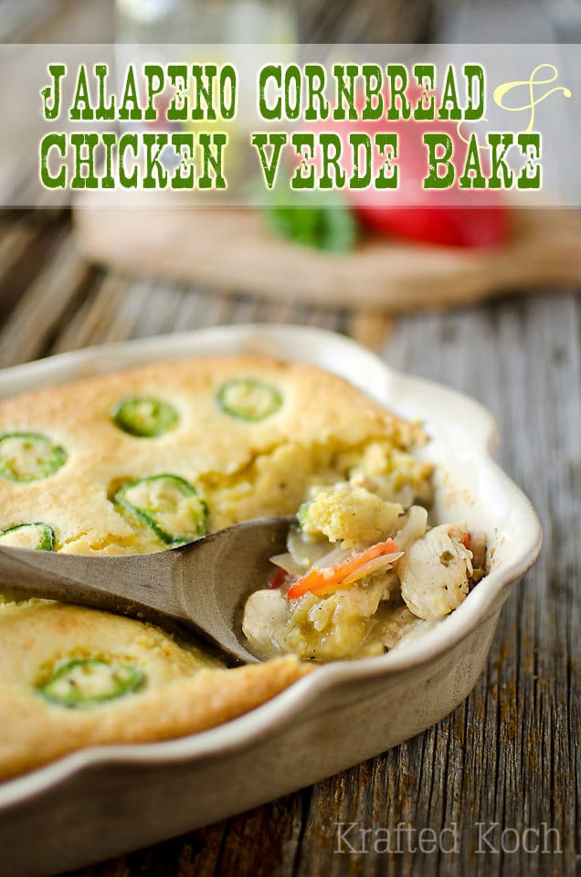 Jalapeño Cornbread & Chicken Verde Bake is a simple and flavorful casserole with chicken, vegetables, and salsa verde topped with a hearty jalapeno cornbread and a dollop of plain Greek yogurt. Hearty but healthy, too!