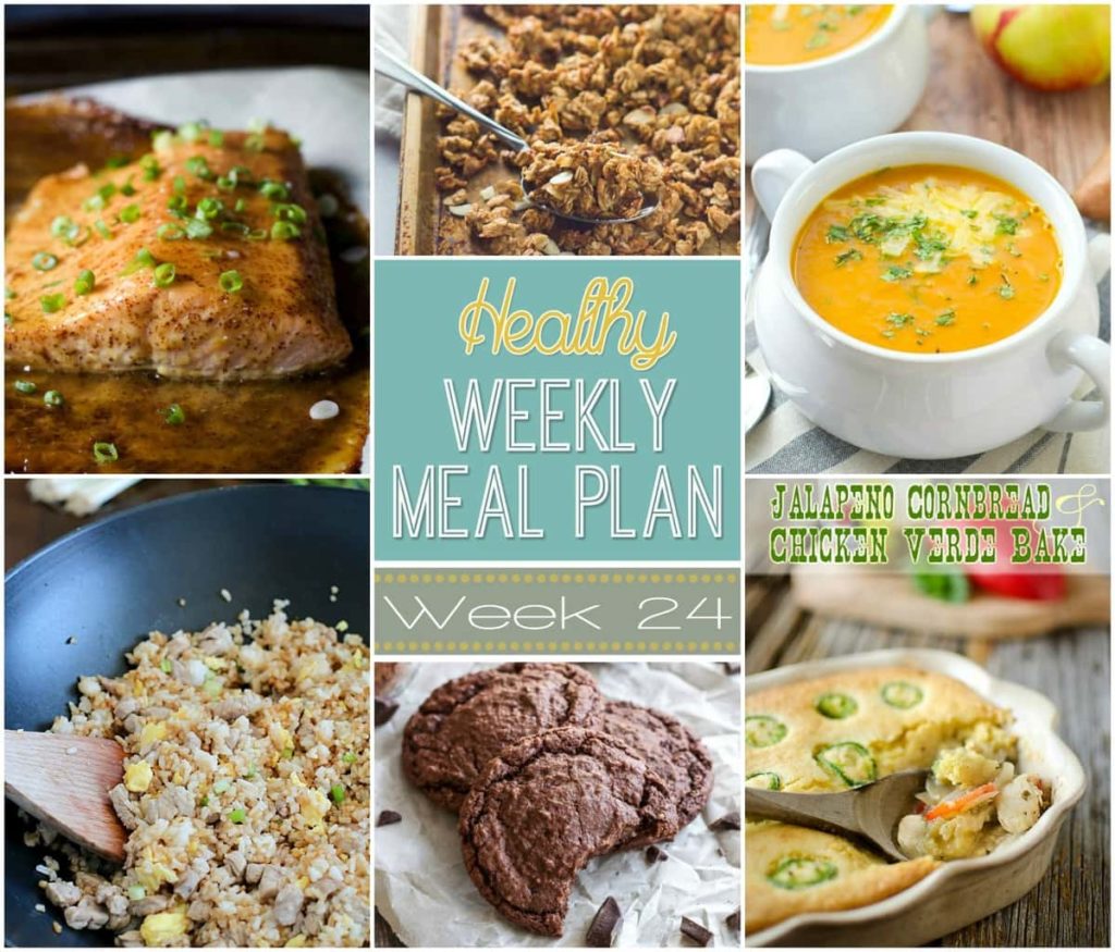 Healthy Weekly Meal Plan Week 24 is filled with so many great recipes! Lots of healthy main dishes to add to your dinner rotation! Plus a breakfast, lunch, snack and even an amazing dessert, too!
