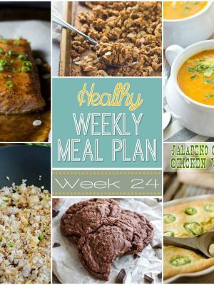 Healthy Weekly Meal Plan Week 24 is filled with so many great recipes! Lots of healthy main dishes to add to your dinner rotation! Plus a breakfast, lunch, snack and even an amazing dessert, too!